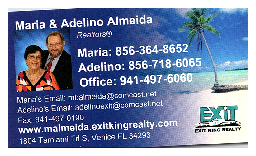 Se ser proprietario ou viver na Florida esta nos seus planos, Maria e Adelino estao disponiveis para ajudar a encontrar a casa ou investimento dos seus sonhos. Entre em contacto. Clicl na foto para entrar no site: http://malmeida.exitkingrealty.com